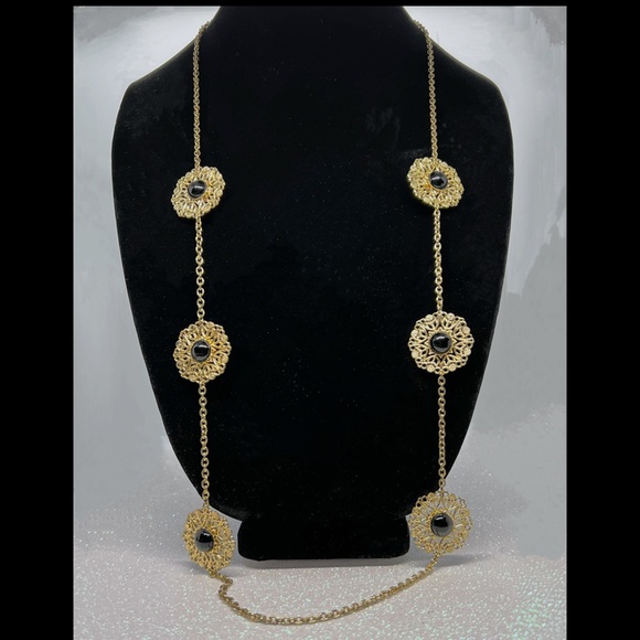 Gold Station Rope Necklace w/Cabochon Set Onyx Filagree Medallions w/Earrings - Picture 4 of 6